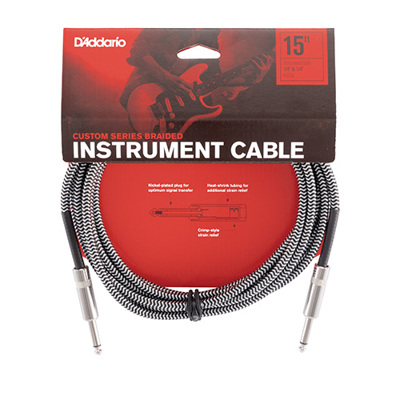 D'Addario PW-BG-15BG Custom Series Braided Instrument Cable, Black-Grey - 15ft